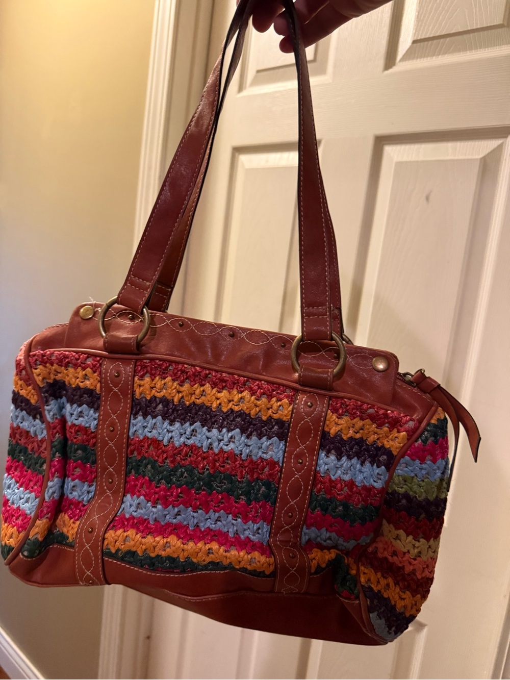 Mariposa Handwoven Multicolor Crochet Tote Bag with Brown Leather Trim